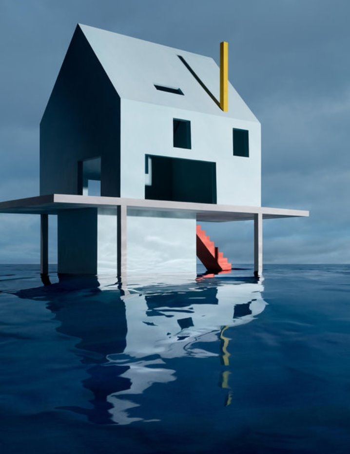 James Casebere casa azul sobre agua 